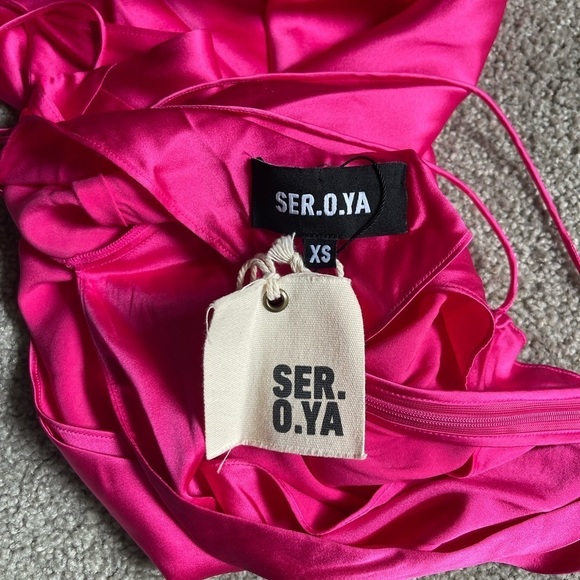 NEW SER.O.YA LEAH SILK Spandex DRESS Fuchsia Purple {$350} Blend Halter Cross XS - Picture 5 of 13